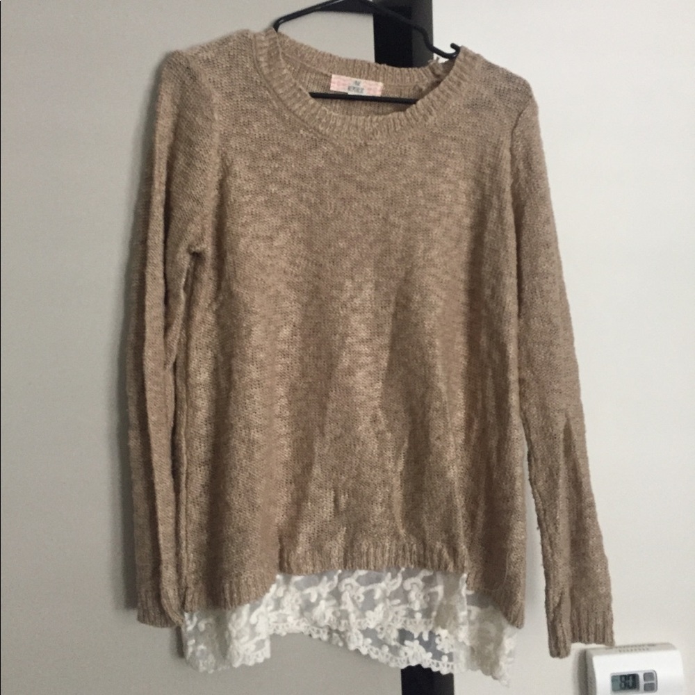 Tan knit sweater with lace hem, size L
